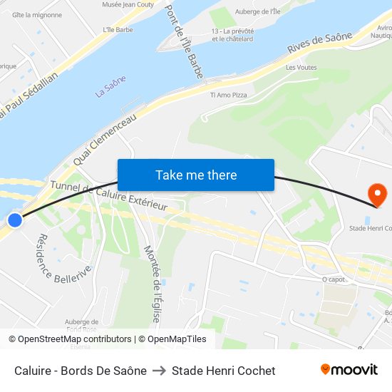 Caluire - Bords De Saône to Stade Henri Cochet map