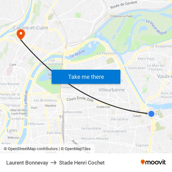 Laurent Bonnevay to Stade Henri Cochet map