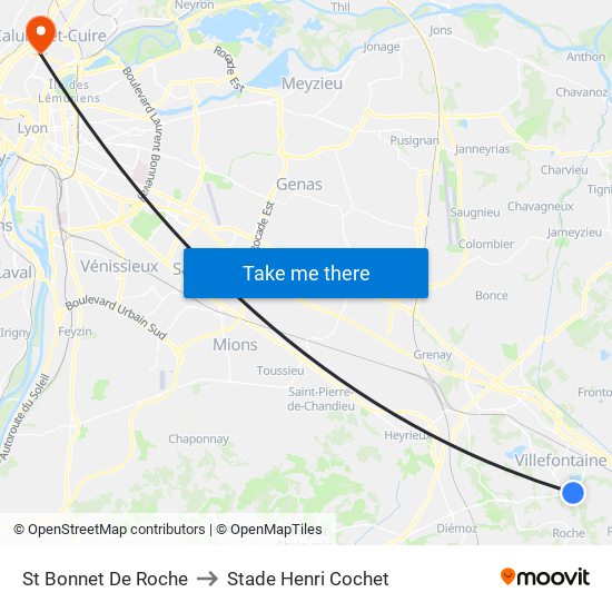 St Bonnet De Roche to Stade Henri Cochet map