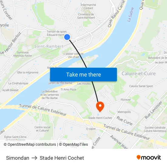 Simondan to Stade Henri Cochet map