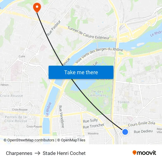 Charpennes Charles Hernu to Stade Henri Cochet map