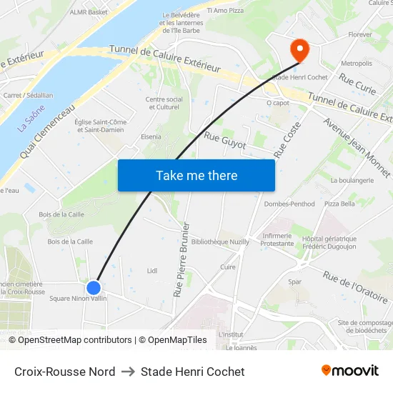 Croix-Rousse Nord to Stade Henri Cochet map