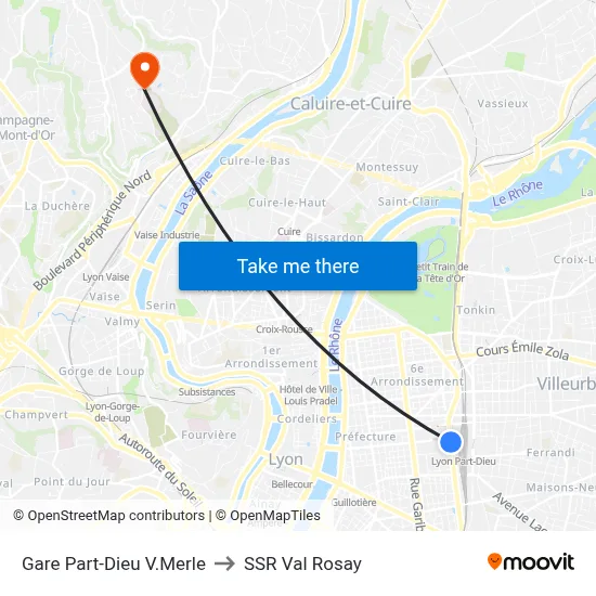 Gare Part-Dieu V.Merle to SSR Val Rosay map