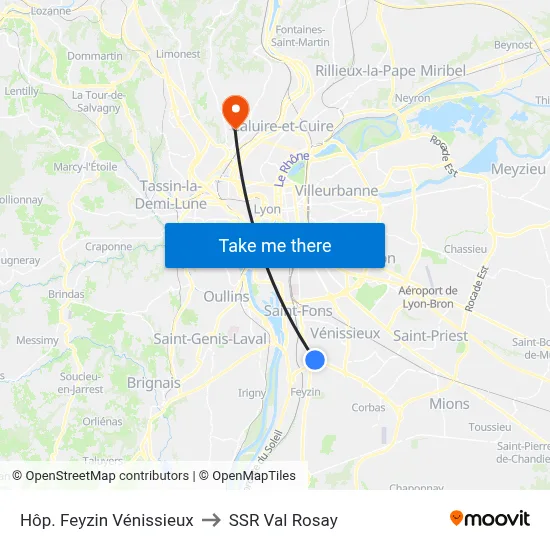 Hôp. Feyzin Vénissieux to SSR Val Rosay map