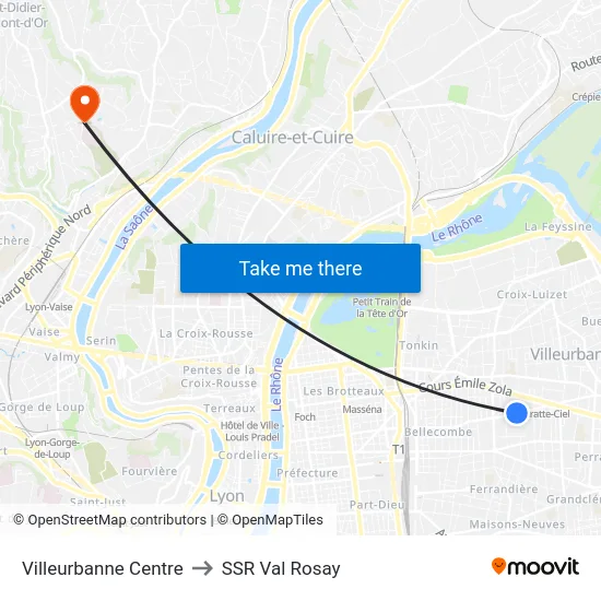 Villeurbanne Centre to SSR Val Rosay map