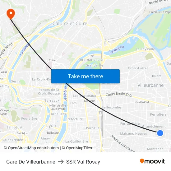Gare De Villeurbanne to SSR Val Rosay map