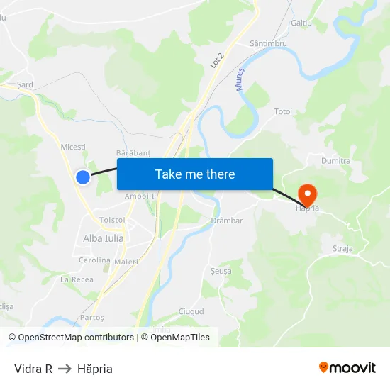 Vidra R to Hăpria map