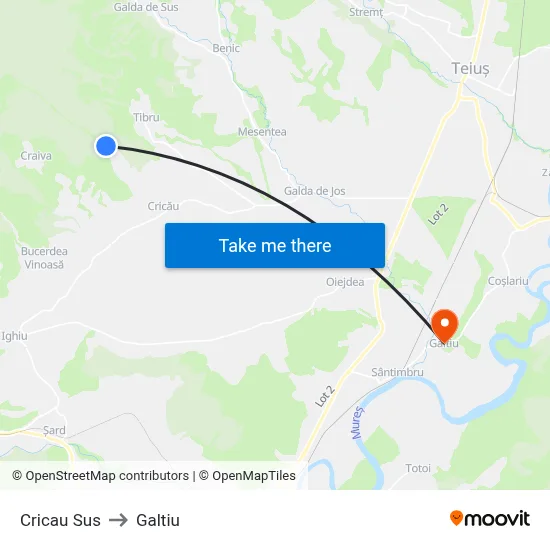Cricau Sus to Galtiu map