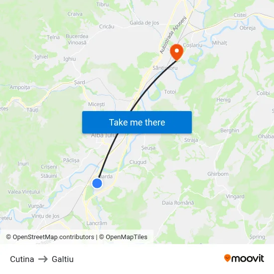 Cutina to Galtiu map