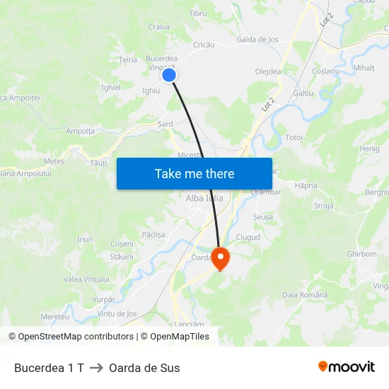 Bucerdea 1 T to Oarda de Sus map