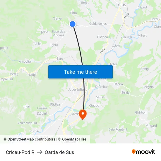 Cricau-Pod R to Oarda de Sus map