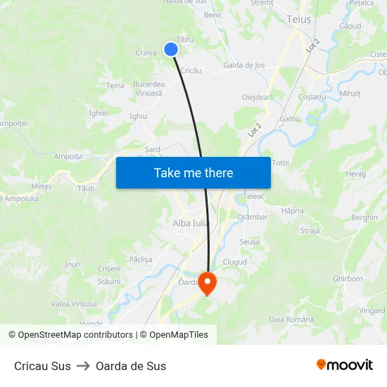 Cricau Sus to Oarda de Sus map
