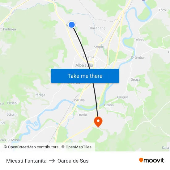 Micesti-Fantanita to Oarda de Sus map