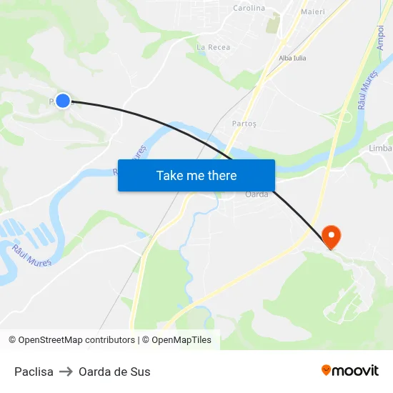 Paclisa to Oarda de Sus map