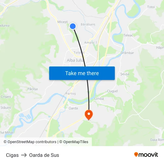 Cigas to Oarda de Sus map