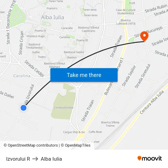 Izvorului R to Alba Iulia map