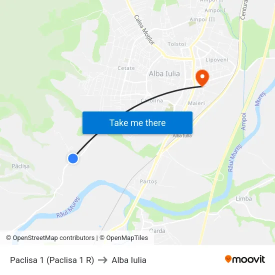 Paclisa 1r to Alba Iulia map