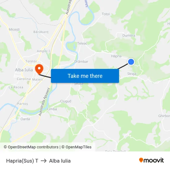 Hapria(Sus) T to Alba Iulia map