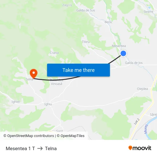 Mesentea 1 T to Telna map