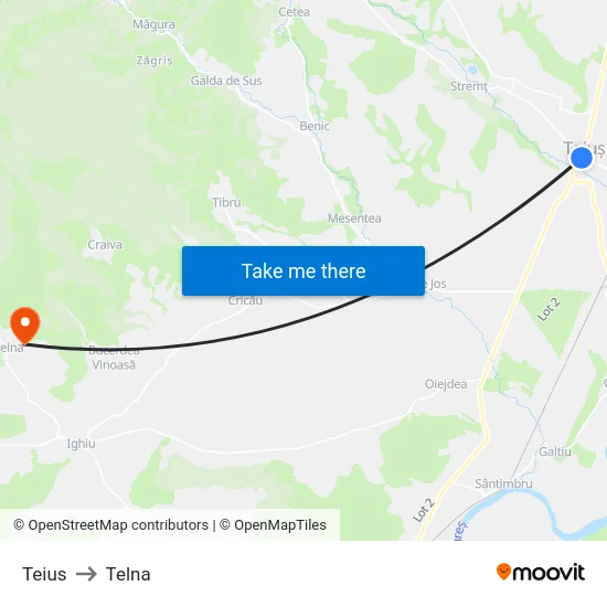 Teius to Telna map