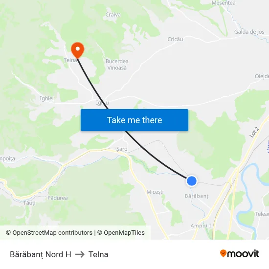 Bărăbanț Nord H to Telna map
