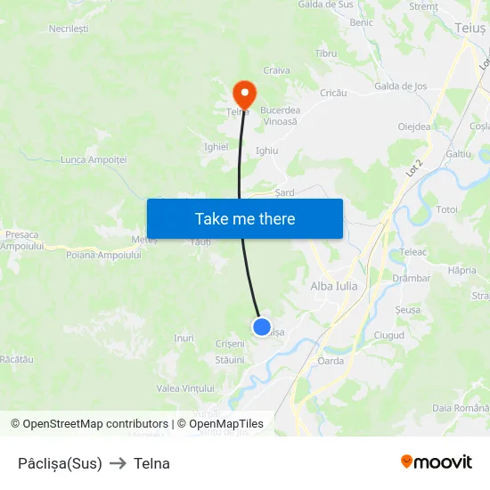 Pâclișa(Sus) to Telna map
