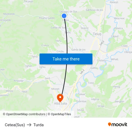 Cetea(Sus) to Turda map