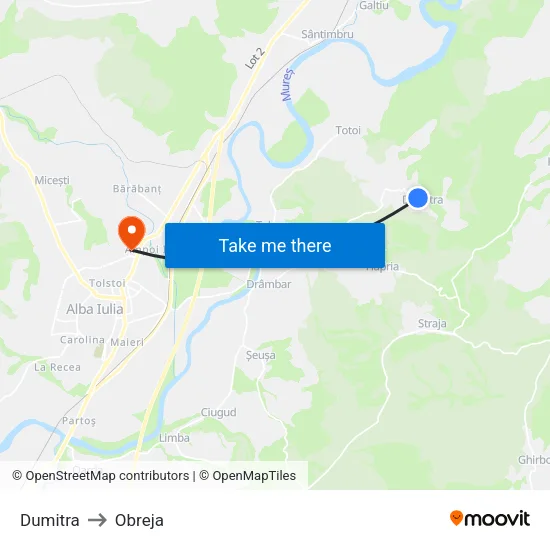 Dumitra to Obreja map