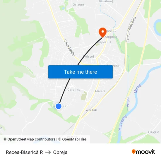 Recea-Biserică R to Obreja map