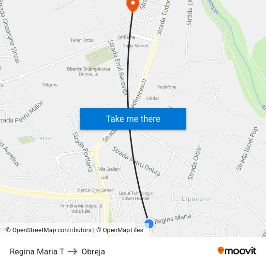 Regina Maria T to Obreja map
