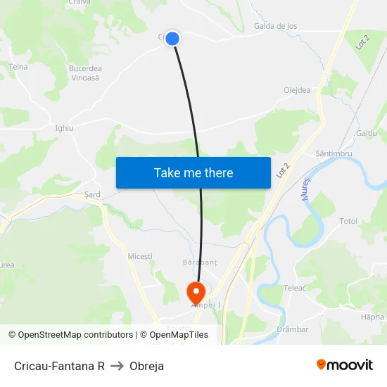 Cricau-Fantana R to Obreja map