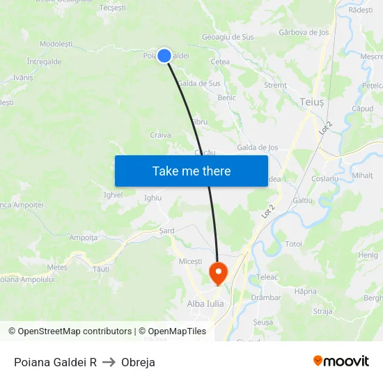 Poiana Galdei R to Obreja map