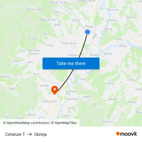 Cetatuie T to Obreja map