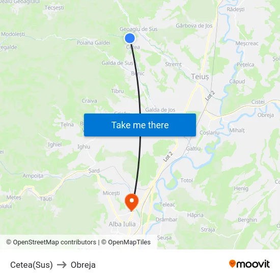 Cetea(Sus) to Obreja map
