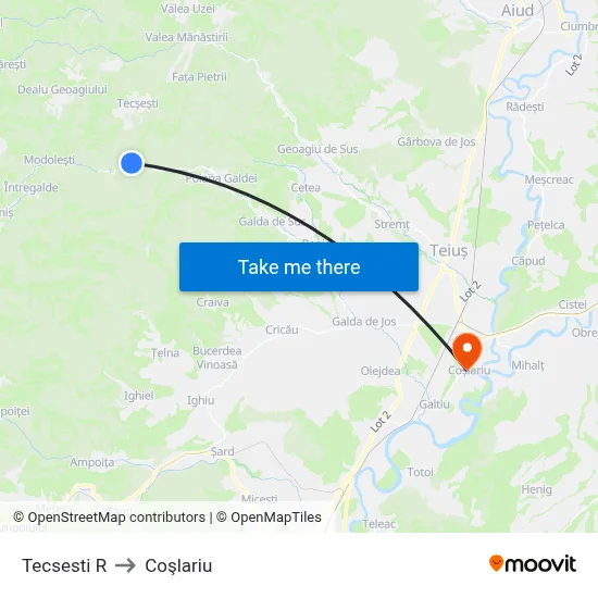 Tecsesti R to Coşlariu map