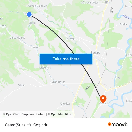 Cetea(Sus) to Coşlariu map