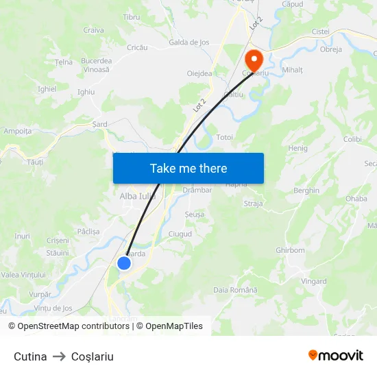 Cutina to Coşlariu map
