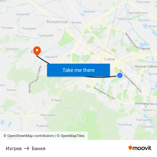 Изгрев to Банкя map