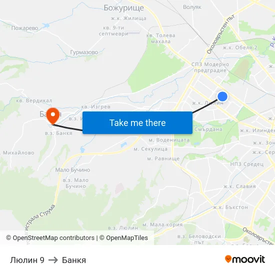 Люлин 9 to Банкя map