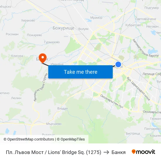 Ⓜ️ Пл. Лъвов Мост / Lions' Bridge Sq. (1275) to Банкя map