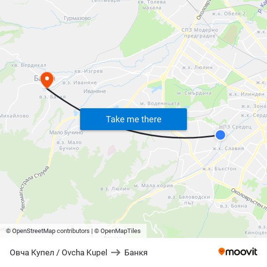 Овча Купел / Ovcha Kupel to Банкя map