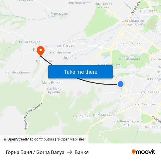 Горна Баня / Gorna Banya to Банкя map