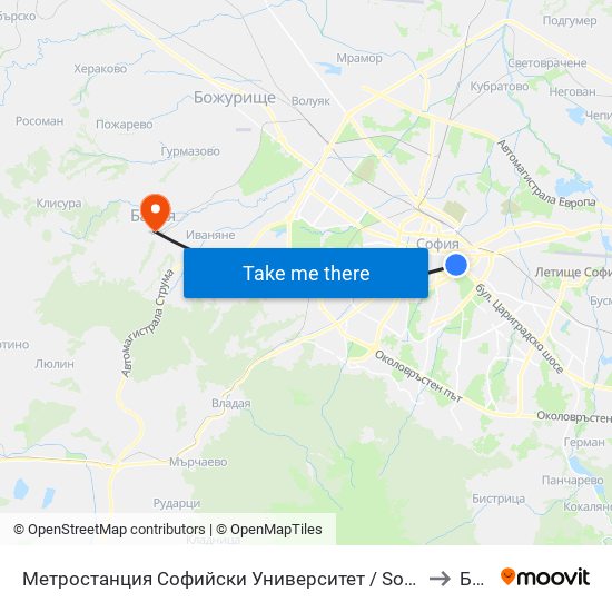 Метростанция Софийски Университет / Sofia University Metro Station (2827) to Банкя map