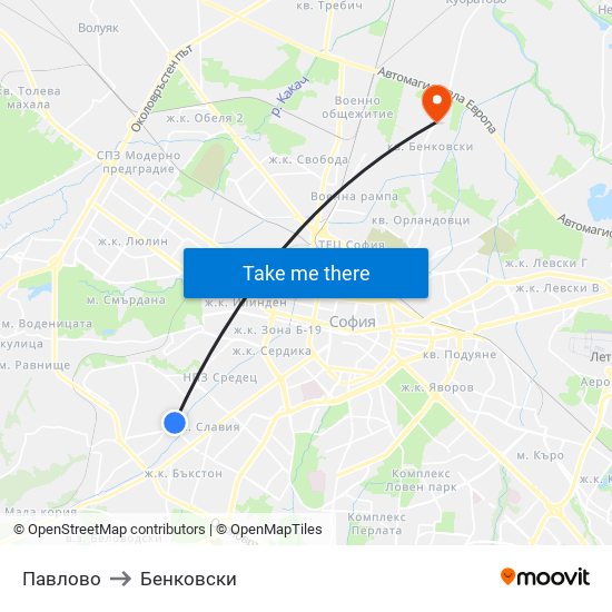Павлово to Бенковски map