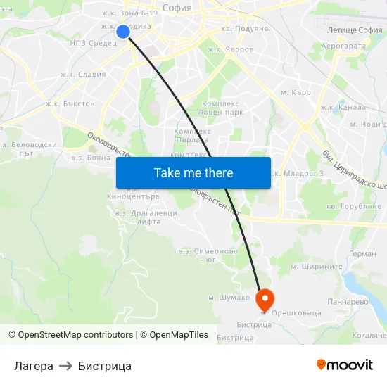 Лагера to Бистрица map