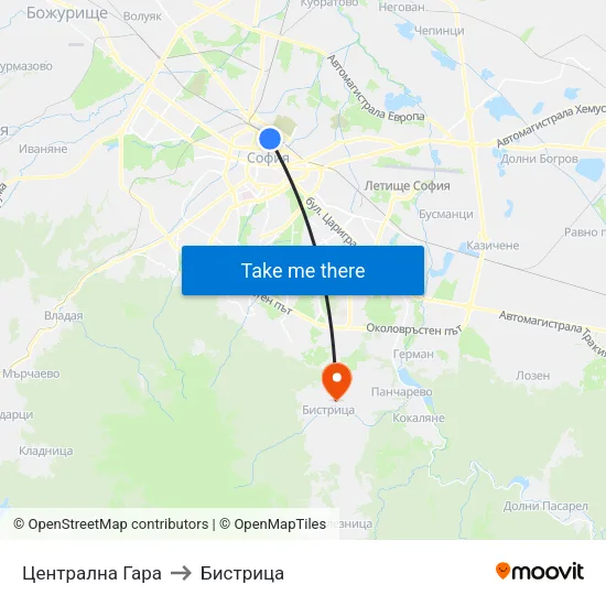 Централна Гара to Бистрица map