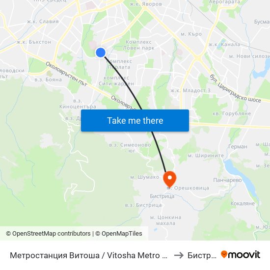 Метростанция Витоша / Vitosha Metro Station (2654) to Бистрица map