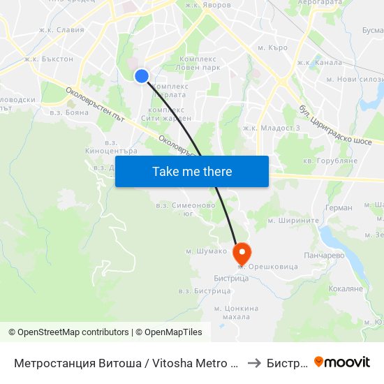Метростанция Витоша / Vitosha Metro Station (2755) to Бистрица map