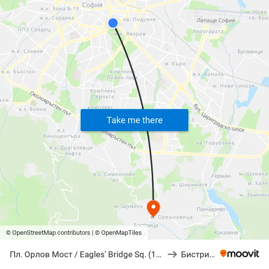 Ⓜ️ Пл. Орлов Мост / Eagles' Bridge Sq. (1289) to Бистрица map