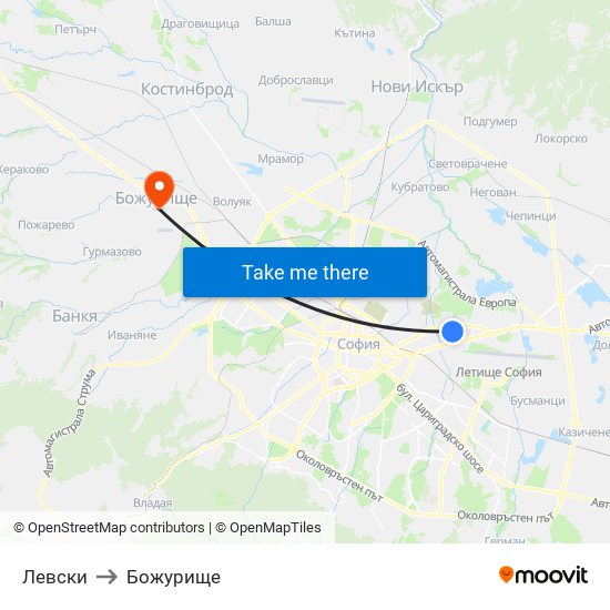 Левски to Божурище map